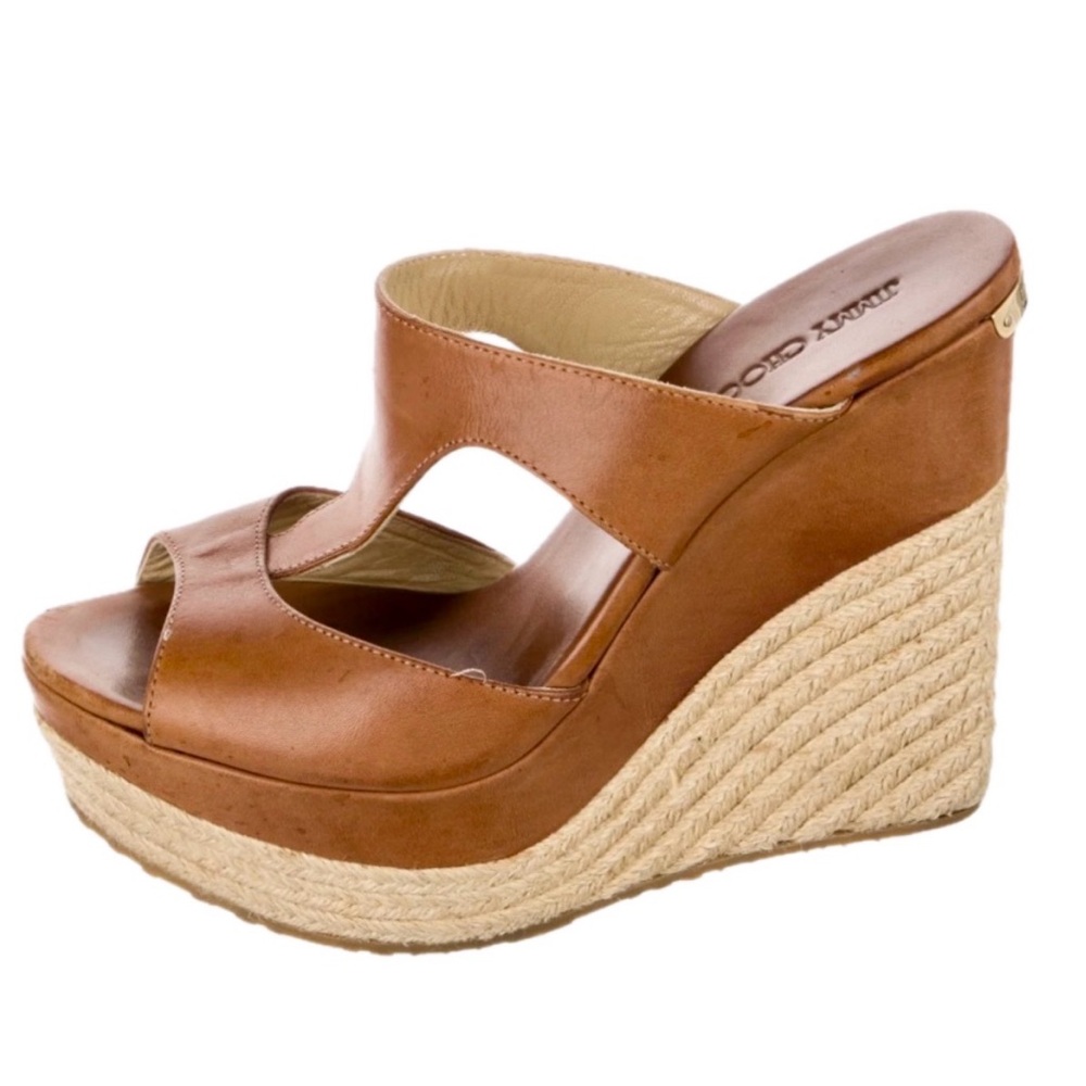 Jimmy Choo Tan Leather Espadrille Wedge Sandals - Picture 3 of 15